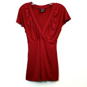 Red V-Neck Blouse Faux Wrap Ties in Back size M